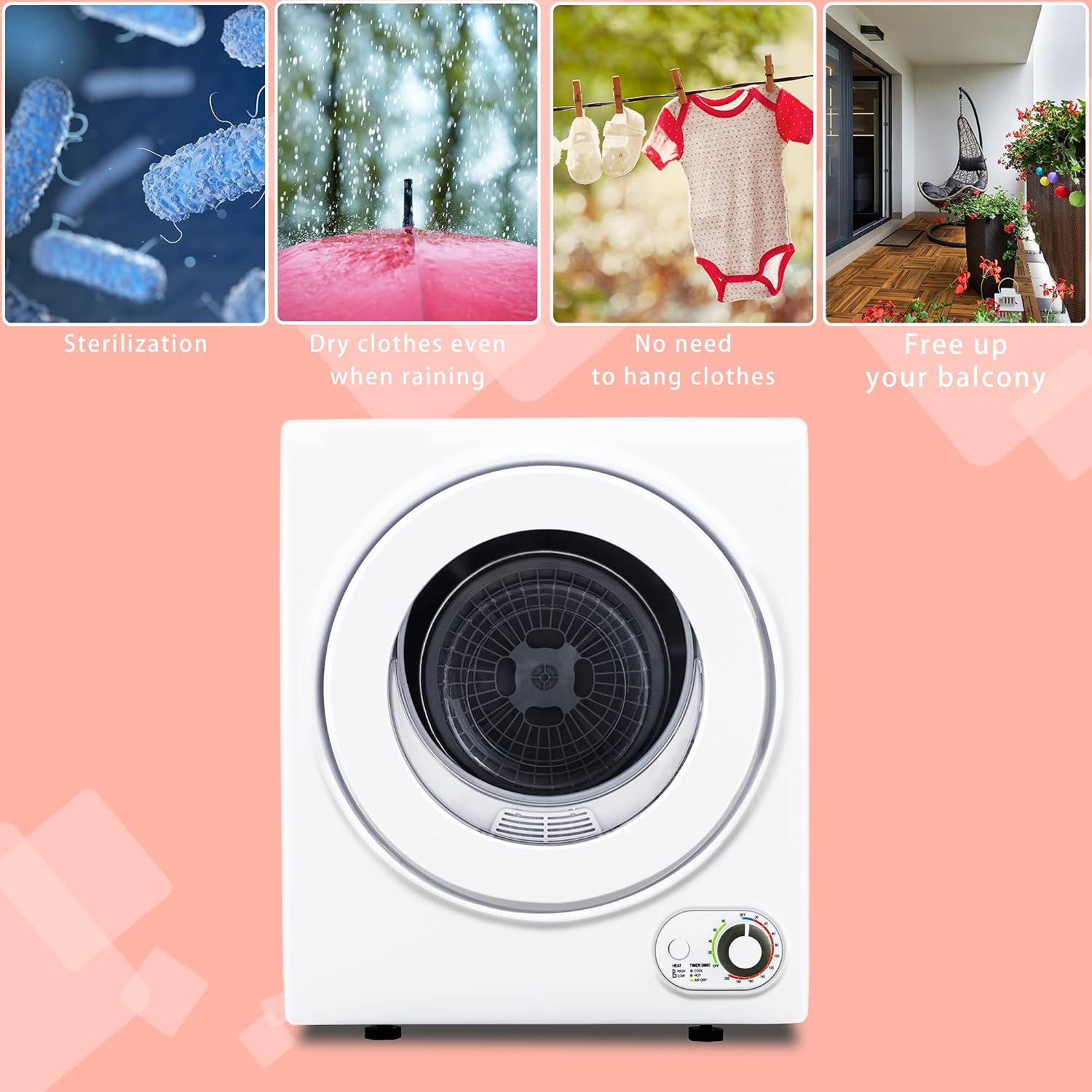 Euhomy 120V Compact Laundry Dryer, 1.5 cu.ft Front Load Stainless Steel Clothes Dryers with Stainless Steel Tub, Control Panel Downside Easy Control for 4 Automatic Drying Mode, White