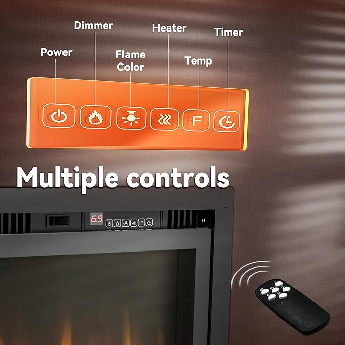 Euhomy electric fireplace with multiple controls for power, flame color, heater, temp and timer
