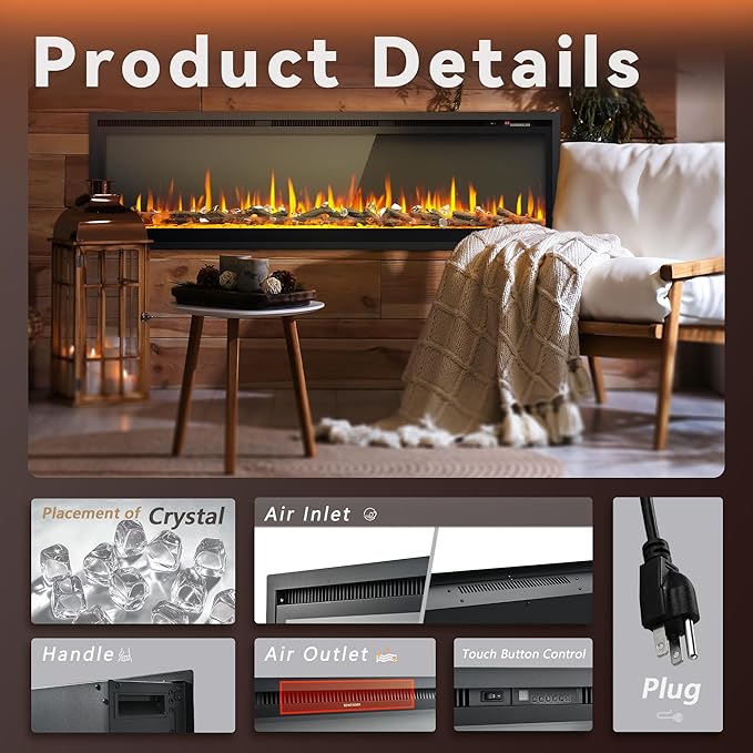 EUHOMY wall mounted electric fireplace with realistic flame, tempered glass and plug