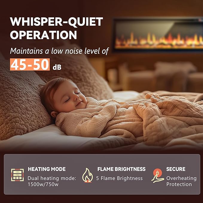 EUHOMY electric fireplace with whisper-quiet operation, 45-50 dB, 1500W/750W heating, 5 flame brightness