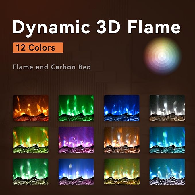 EUHOMY electric fireplace with 12 dynamic flame colors and carbon bed