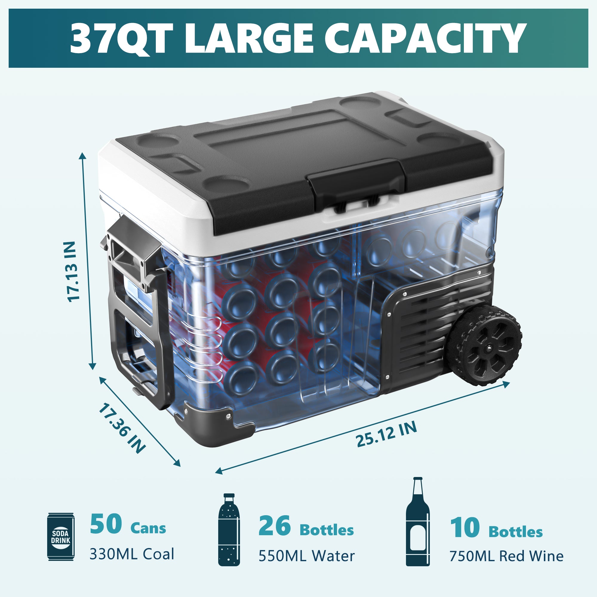 Euhomy Rover W2 car refrigerator: 37QT capacity, holds 50 cans, 26 bottles water, 10 wine bottles. Dimensions: 25.12x17.36x17.13".