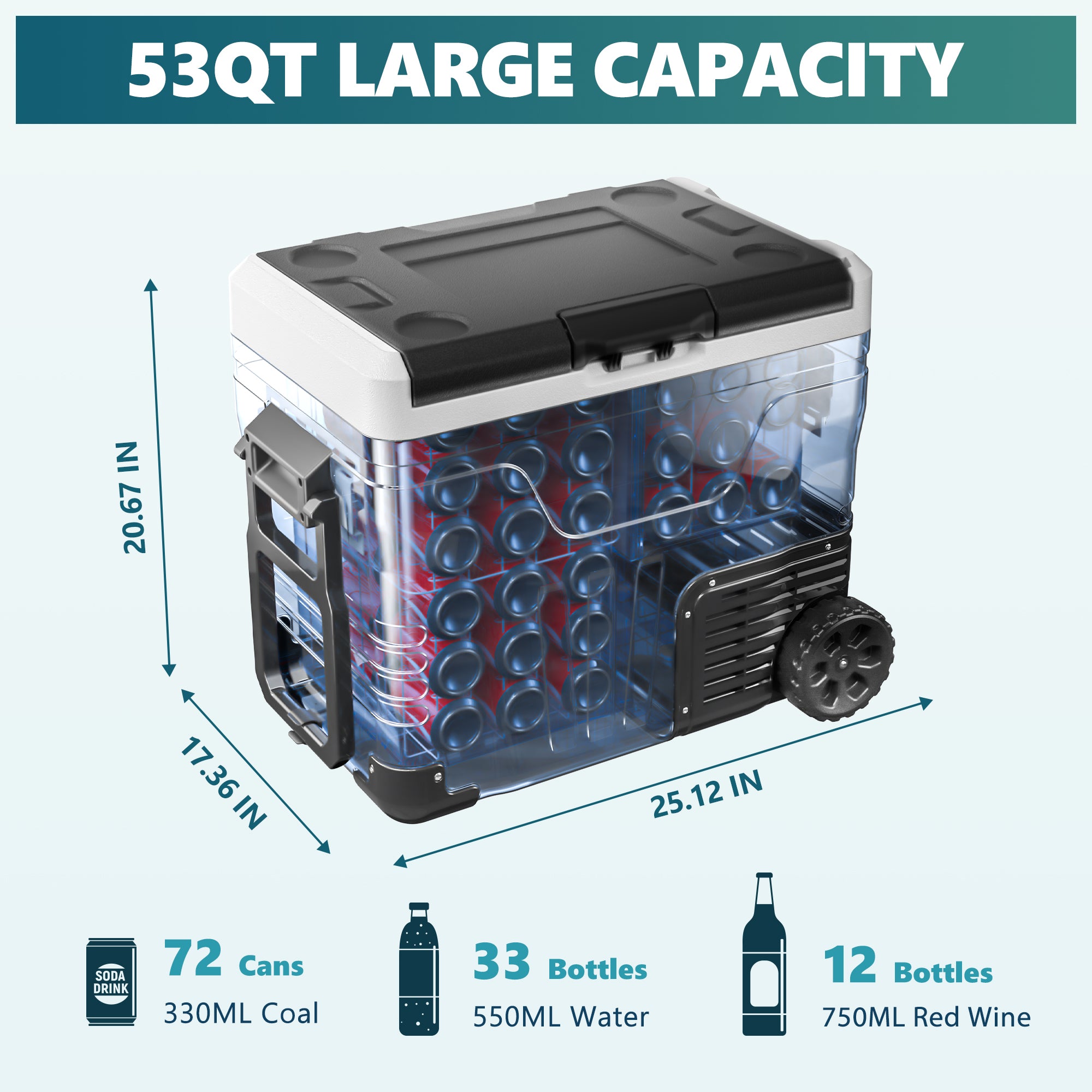 Euhomy Rover W2 53QT car refrigerator: holds 72 cans, 33 water bottles, or 12 wine bottles. Dimensions: 25.12"x17.36"x20.67".