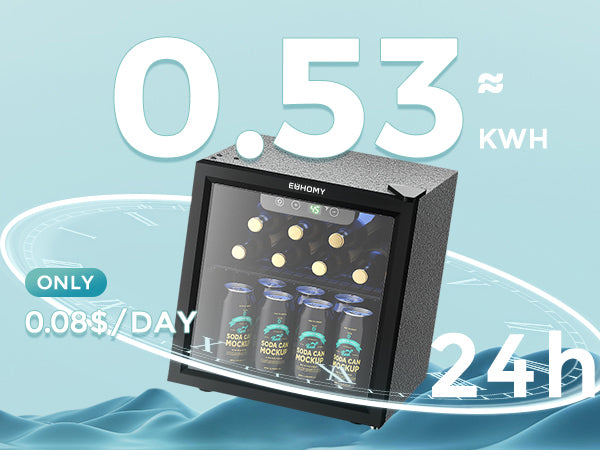 Euhomy Fizz 55 beverage refrigerator, black compact glass door, 0.53 kWh and 24h energy graphic