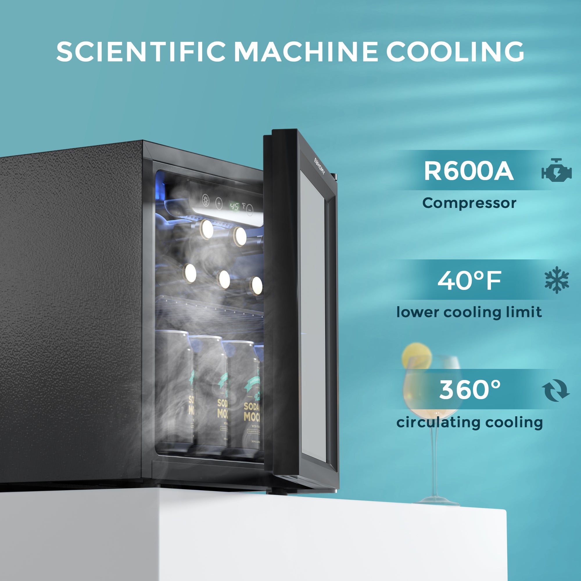 Euhomy Fizz 55 beverage refrigerator with R600a compressor, 40°F cooling limit, and 360° circulating cooling