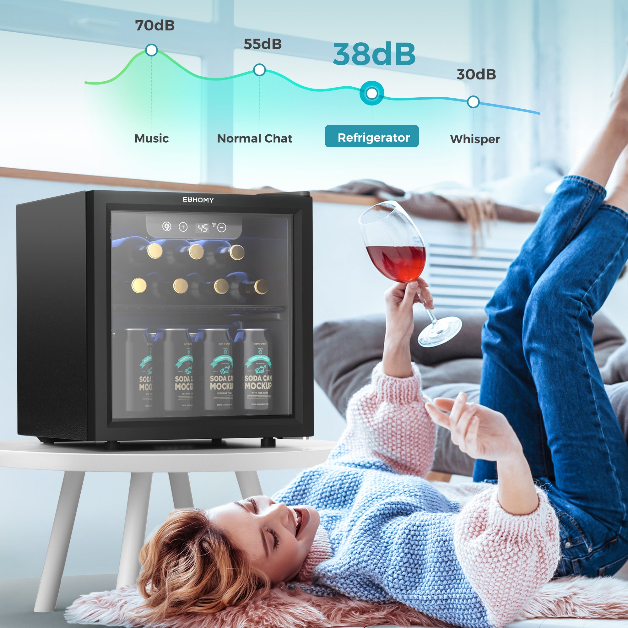 Euhomy Fizz 55 beverage refrigerator with quiet 38dB operation and blue LED display