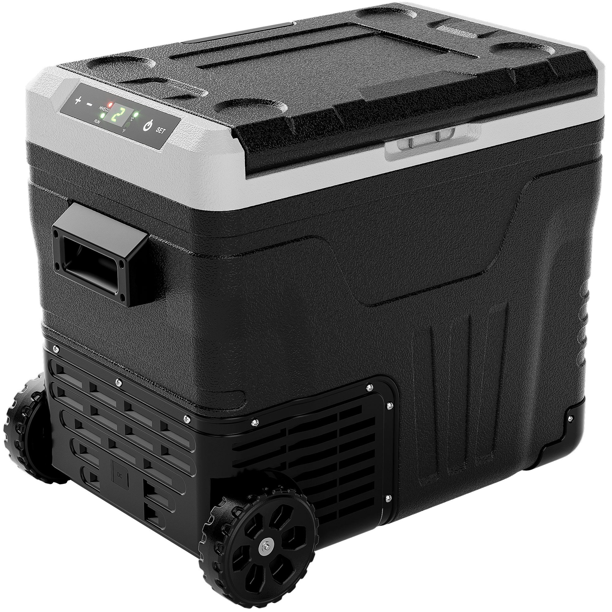 Euhomy Rover W2 portable car refrigerator with digital display, black and white design, and rugged wheels for travel.