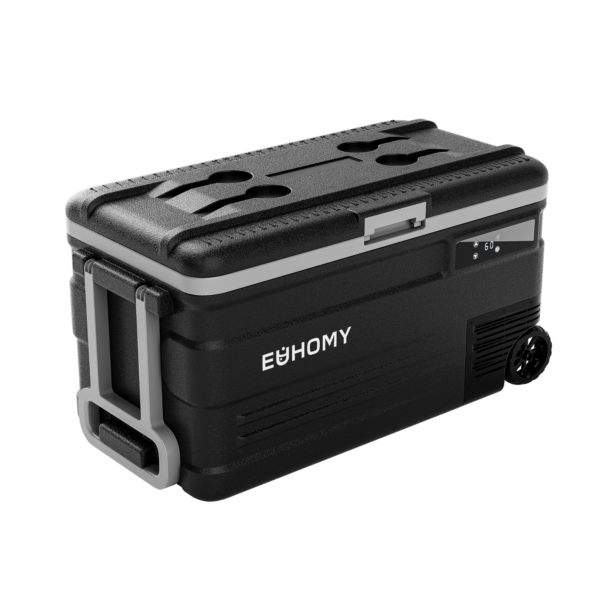 Euhomy 44L portable car refrigerator with wheels, pull handle, and LCD panel. Features cup holders on lid.