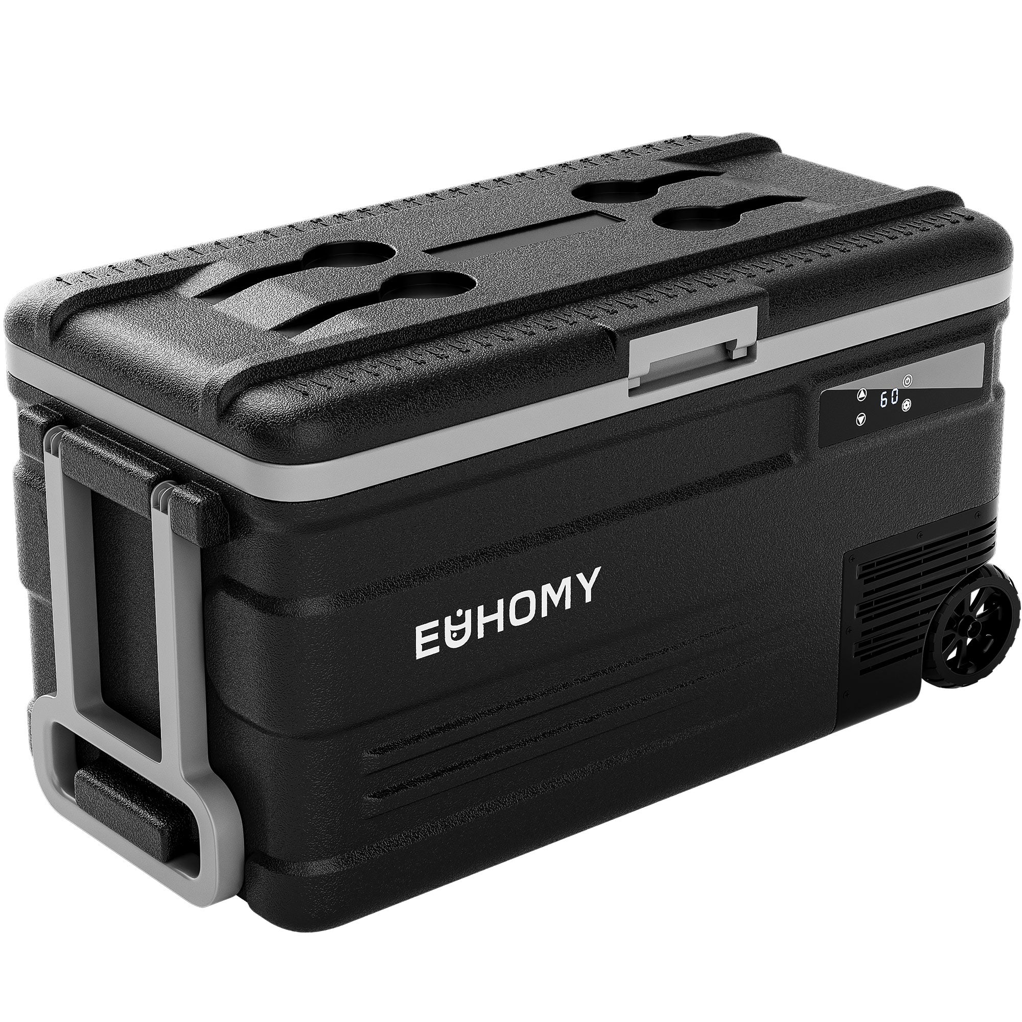 Euhomy 44L black portable car refrigerator with LCD panel, wheels, retractable handle, and cup holders.