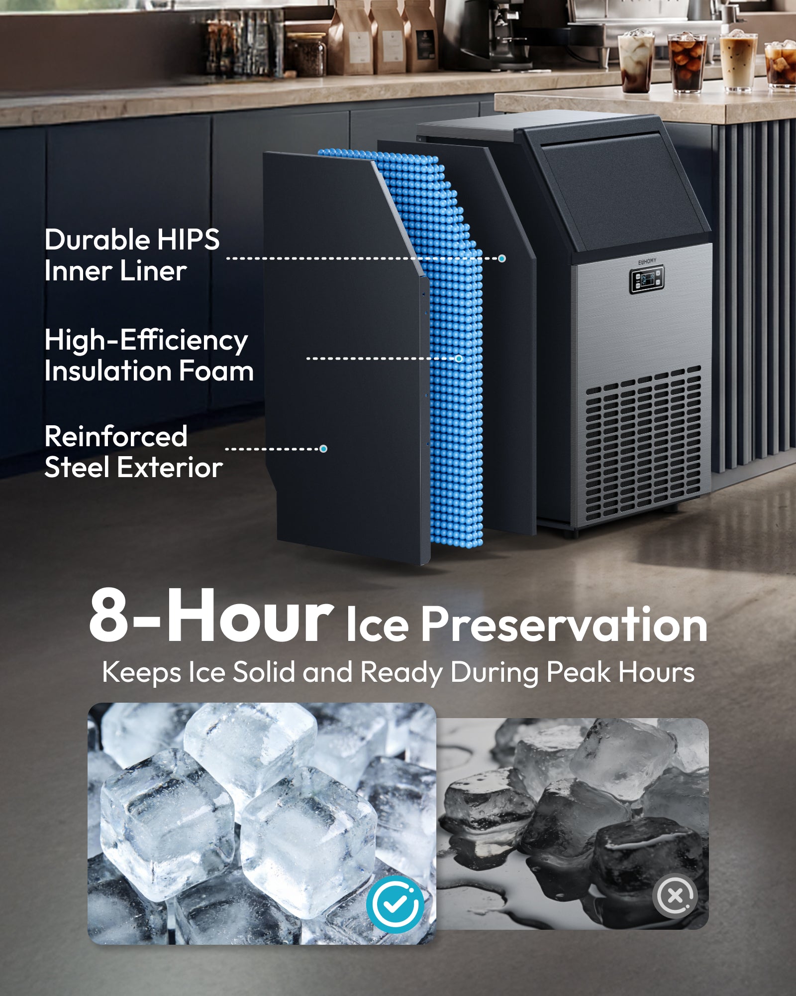 Euhomy Lucid M1 commercial ice maker with HIPS liner, steel exterior and 8-hour ice preservation