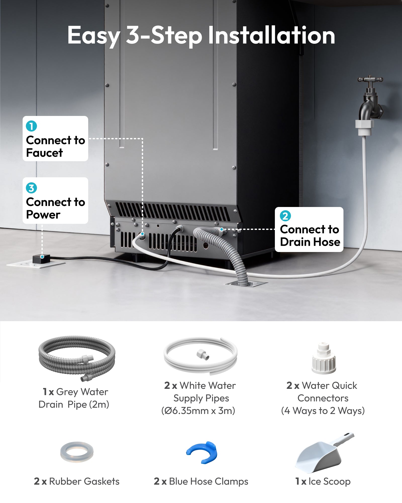 Euhomy commercial ice maker easy 3-step installation with faucet, drain hose and power connections
