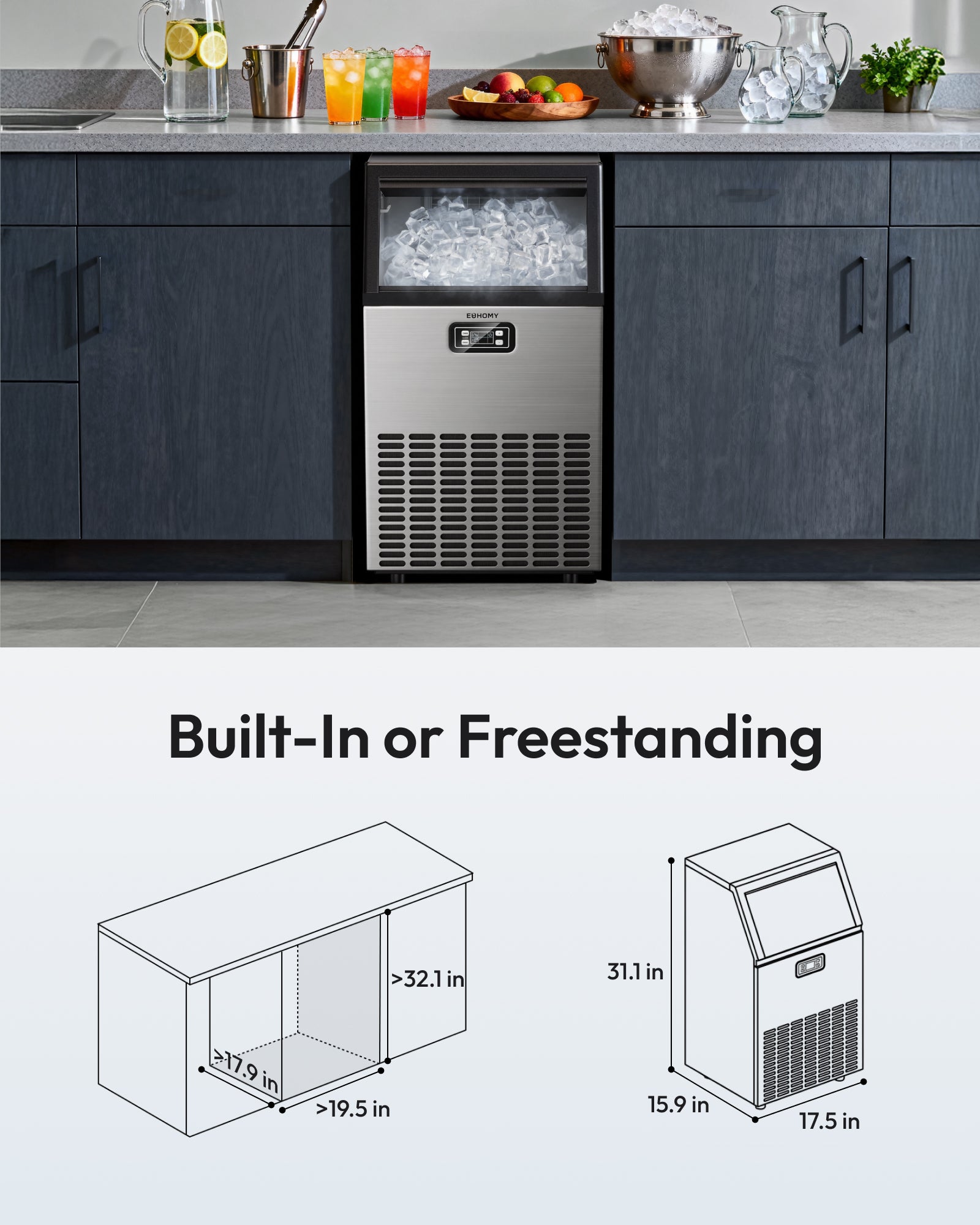 Euhomy Lucid M1 commercial cube ice maker built-in or freestanding in kitchen