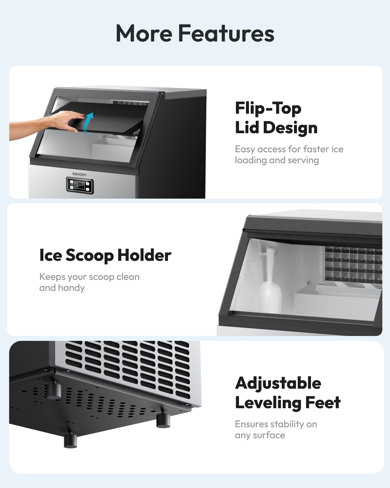 Euhomy commercial ice maker with flip-top lid, ice scoop holder, and adjustable leveling feet