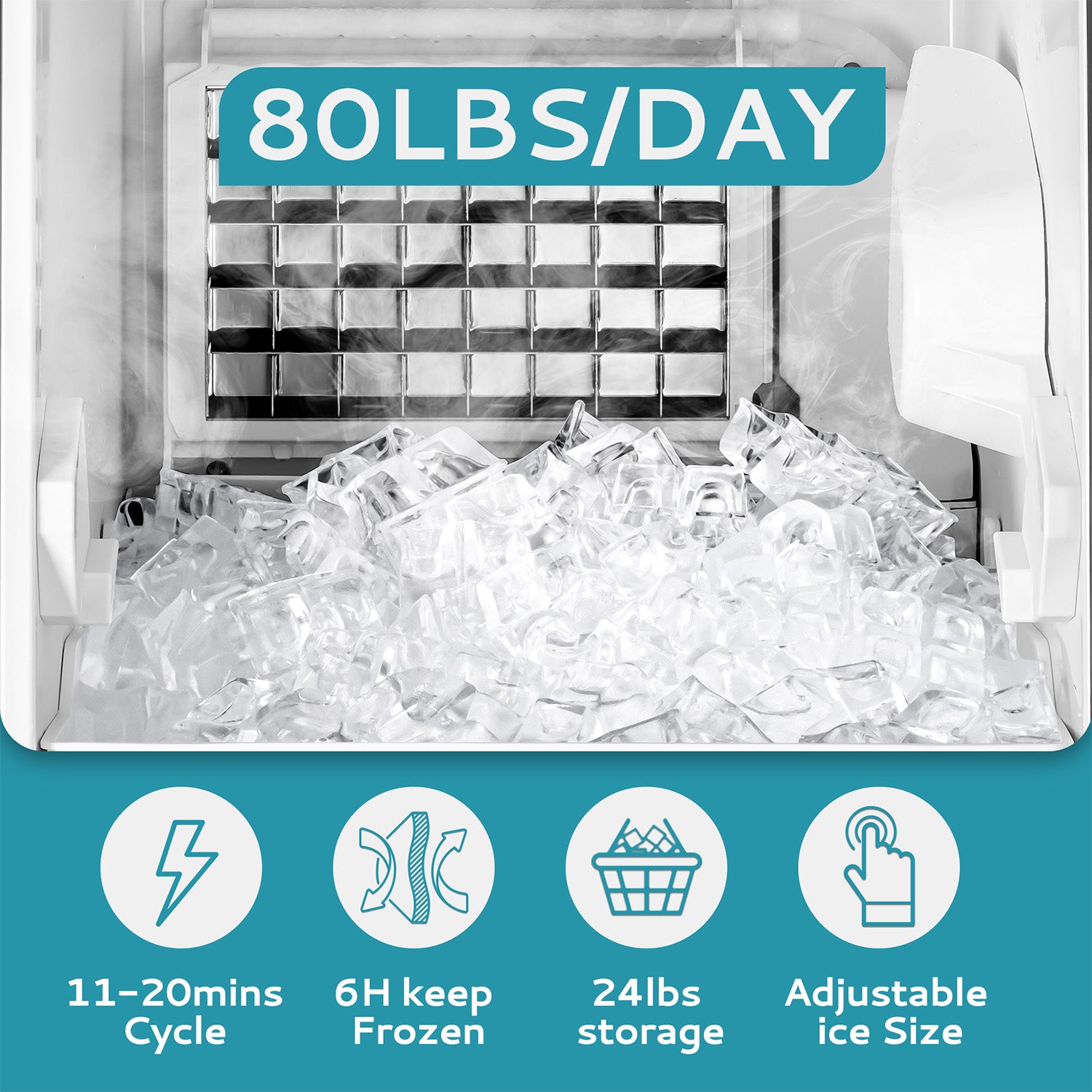 Euhomy Lucid S2 commercial ice maker produces 80lbs of ice daily with 11-20min cycle, 24lbs storage, and adjustable ice size.