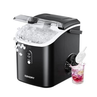Euhomy Pearl H1 nugget ice maker with clear lid, black compact countertop design
