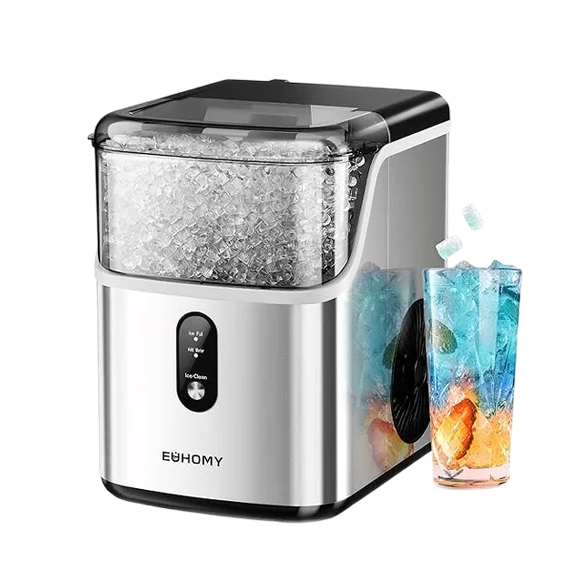 Euhomy Pearl L1 nugget ice maker with full ice bin next to a glass of blue beverage with ice and fruit.