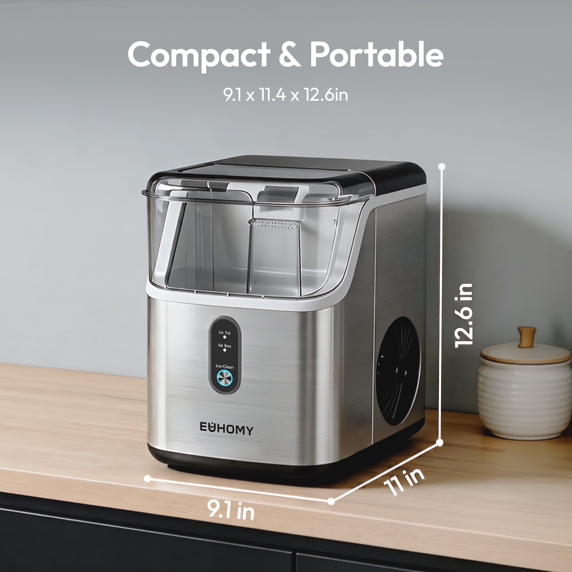 Euhomy Pearl L1 nugget ice maker, compact stainless steel countertop design, 12.6 inches tall