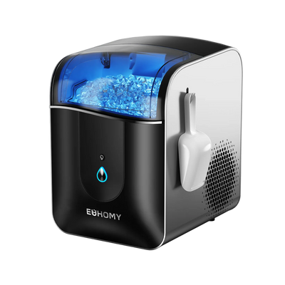 Euhomy Pearl L1 Pro nugget ice maker with blue-lit transparent lid and ice basket