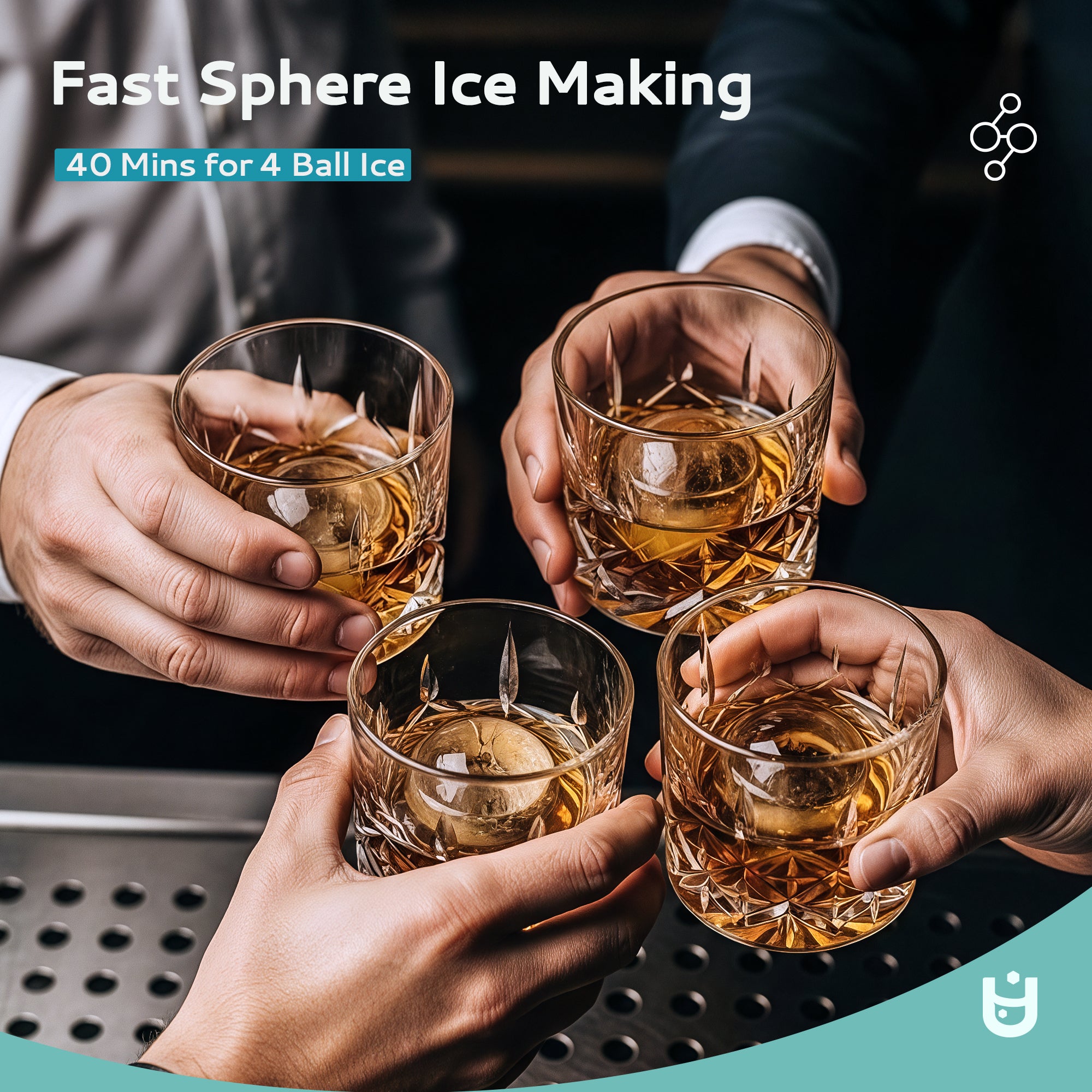 Four whiskey glasses with crystal sphere ice, fast 40-minute sphere ice making