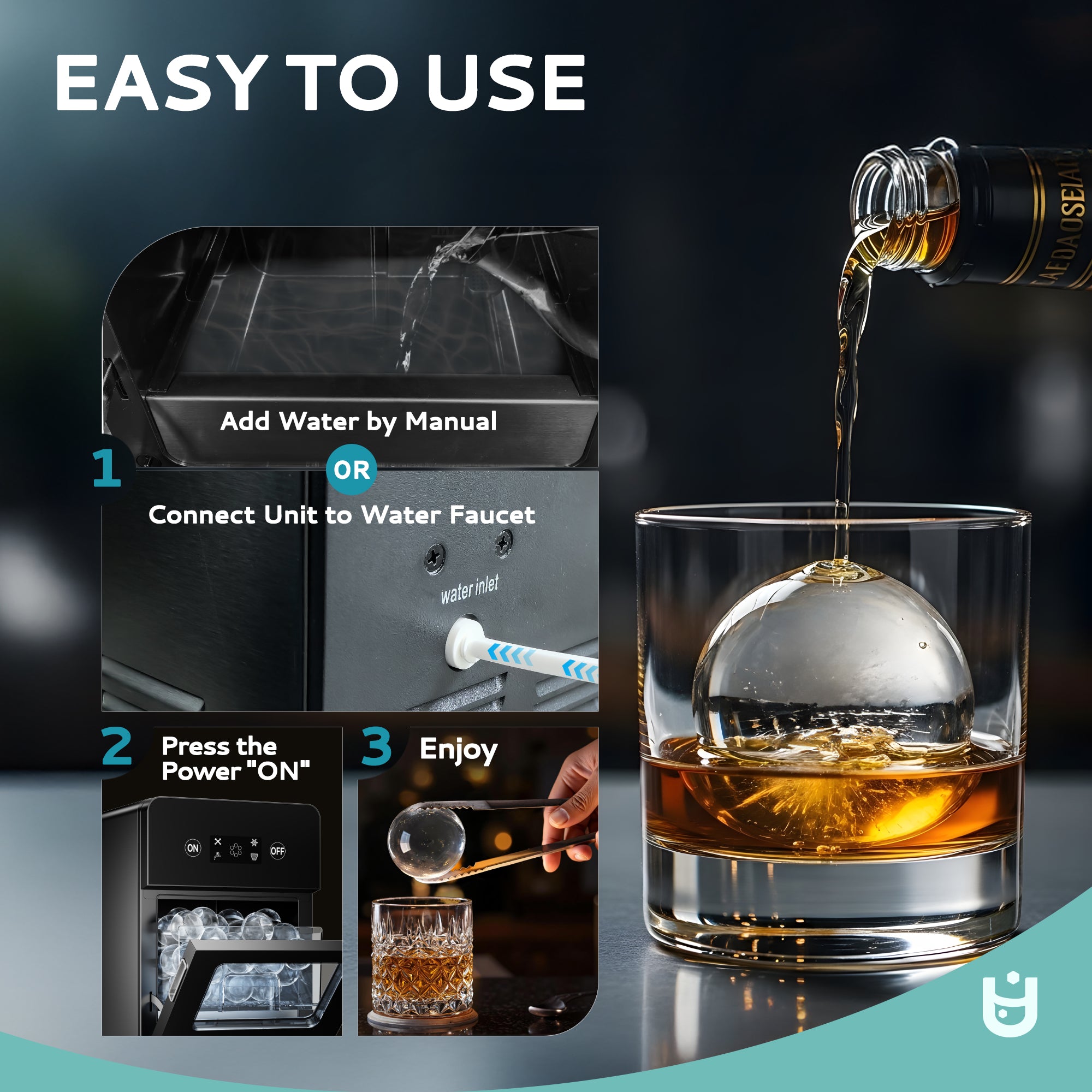 Easy-to-use Euhomy ice maker showing manual water fill or faucet connection for clear sphere ice