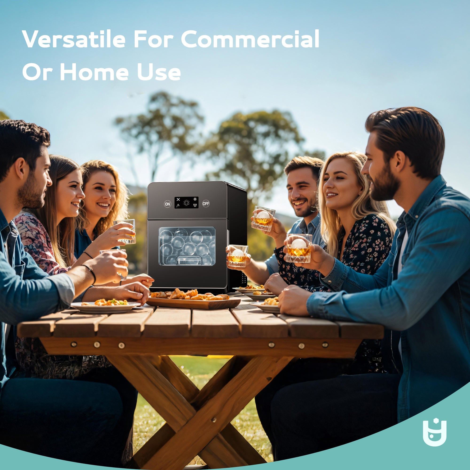 Euhomy Sphere Ice Maker on outdoor table with group enjoying whiskey, for home or commercial use