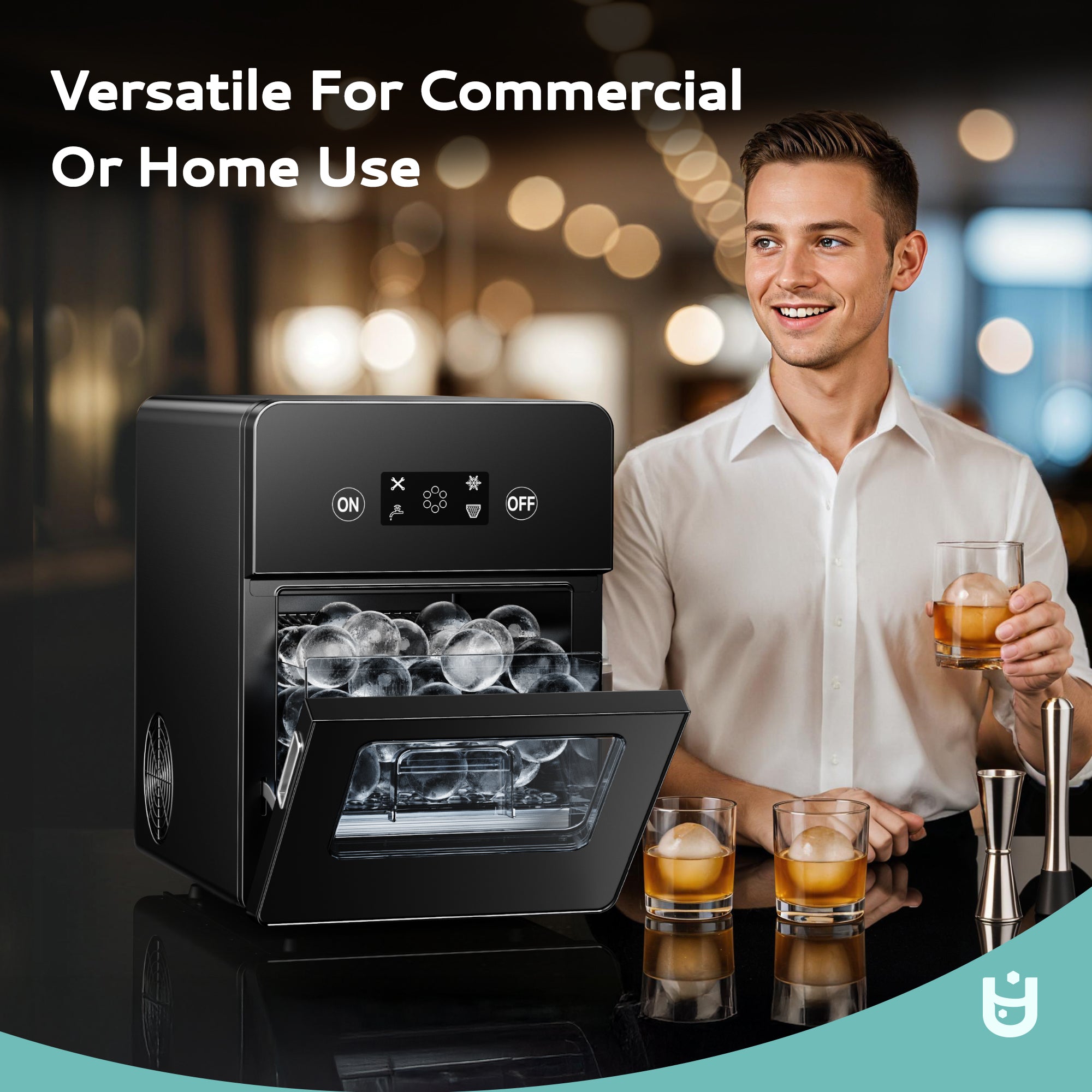 Black Euhomy Rock SE sphere ice maker with crystal ice spheres for whiskey, commercial or home use