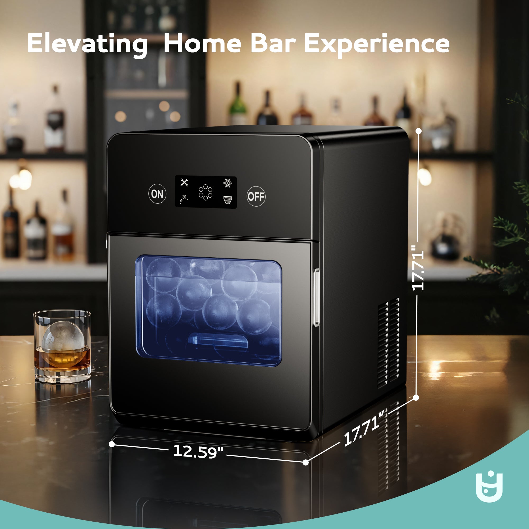 Euhomy Rock SE sphere ice maker in black, with clear viewing window and bar display