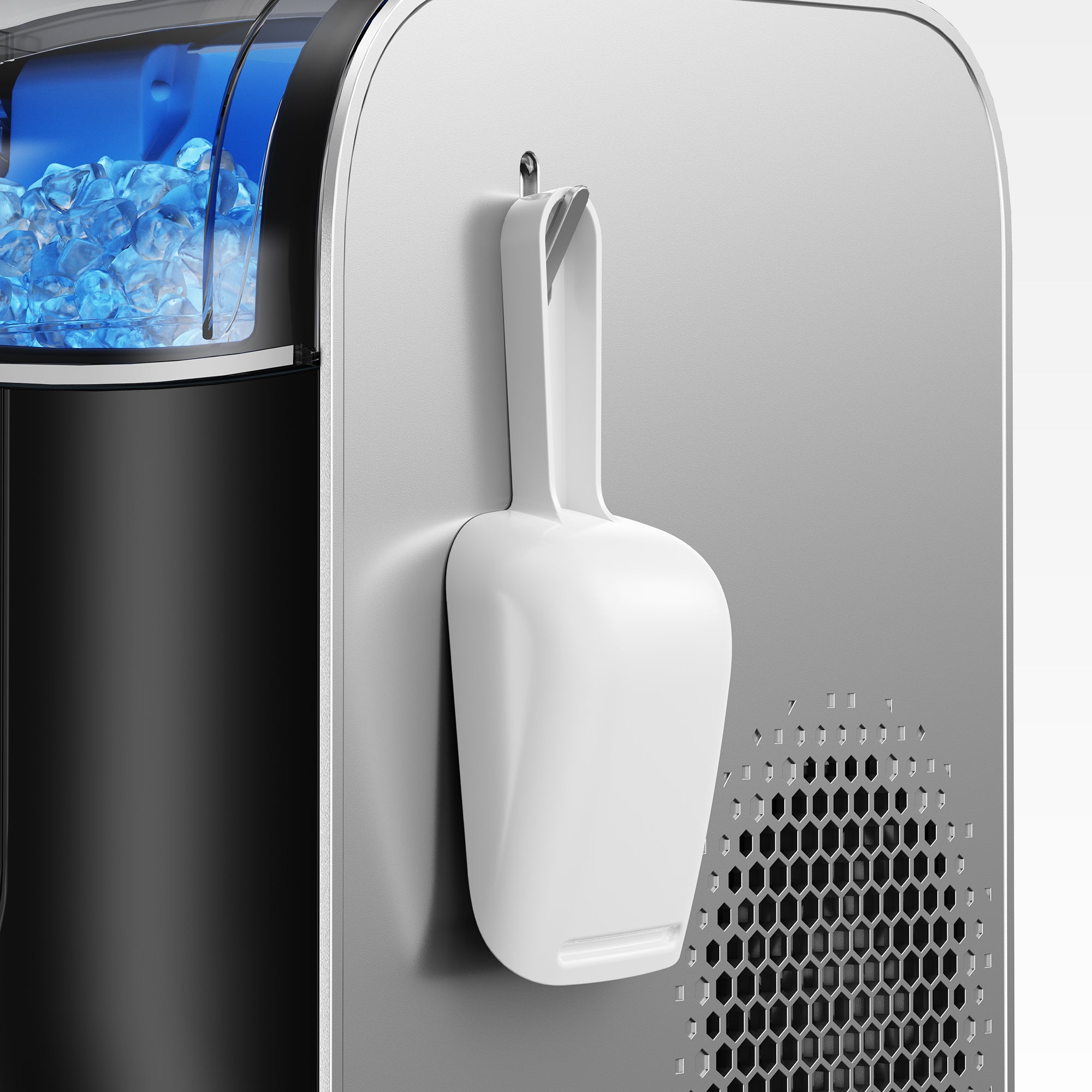 Euhomy Pearl L1 Pro nugget ice maker with blue-lit ice bin and white scoop