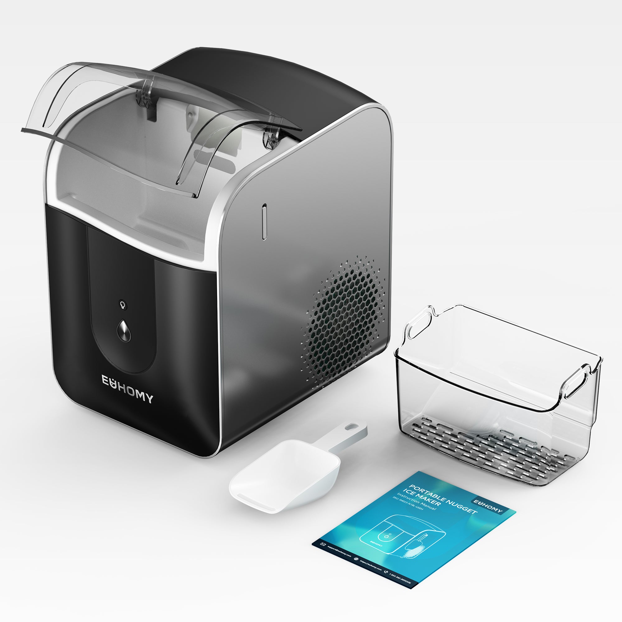 Euhomy Pearl L1 Pro nugget ice maker with ice basket, scoop, and manual